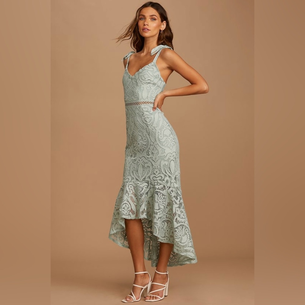 Lulus Won Your Heart Sage Green Lace Tie-Strap High Low Midi Dress size large